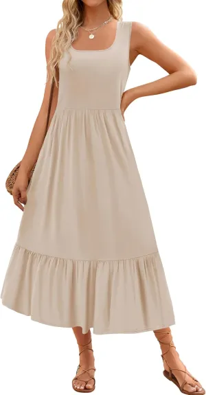 ZESICA Women's 2025 Summer Sleeveless Dress Square Neck Pleated Swing Casual Maxi Dresses with Pockets