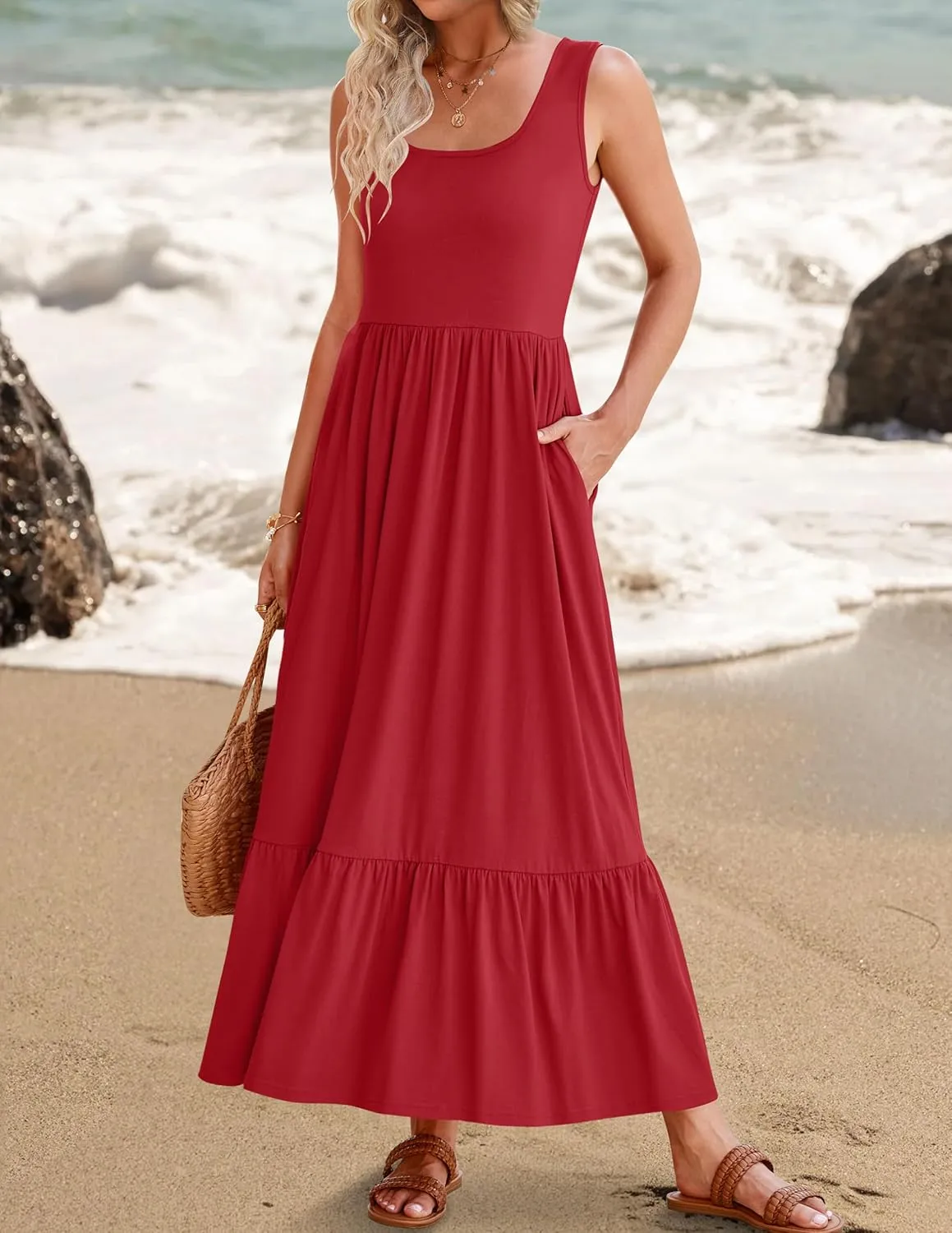 ZESICA Women's 2025 Summer Sleeveless Dress Square Neck Pleated Swing Casual Maxi Dresses with Pockets