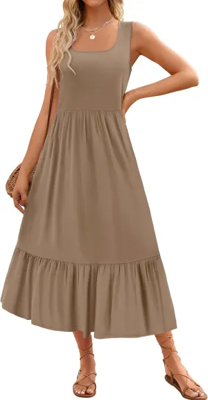 ZESICA Women's 2025 Summer Sleeveless Dress Square Neck Pleated Swing Casual Maxi Dresses with Pockets