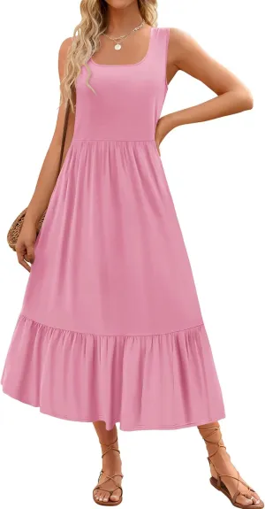 ZESICA Women's 2025 Summer Sleeveless Dress Square Neck Pleated Swing Casual Maxi Dresses with Pockets