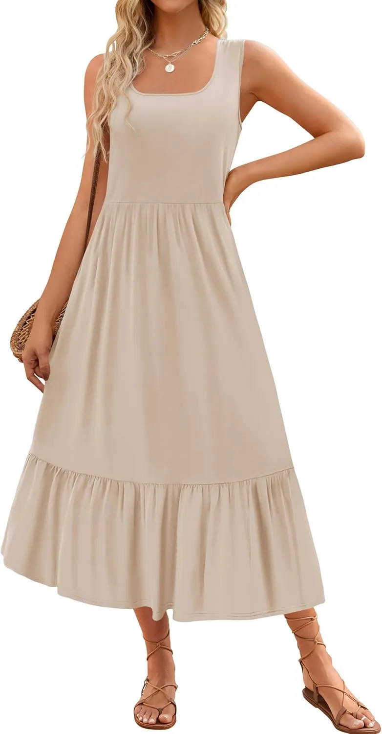 ZESICA Women's 2025 Summer Sleeveless Dress Square Neck Pleated Swing Casual Maxi Dresses with Pockets