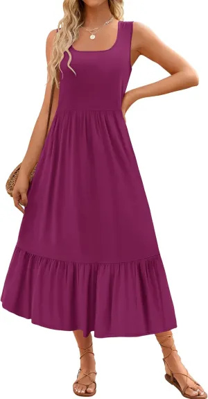 ZESICA Women's 2025 Summer Sleeveless Dress Square Neck Pleated Swing Casual Maxi Dresses with Pockets