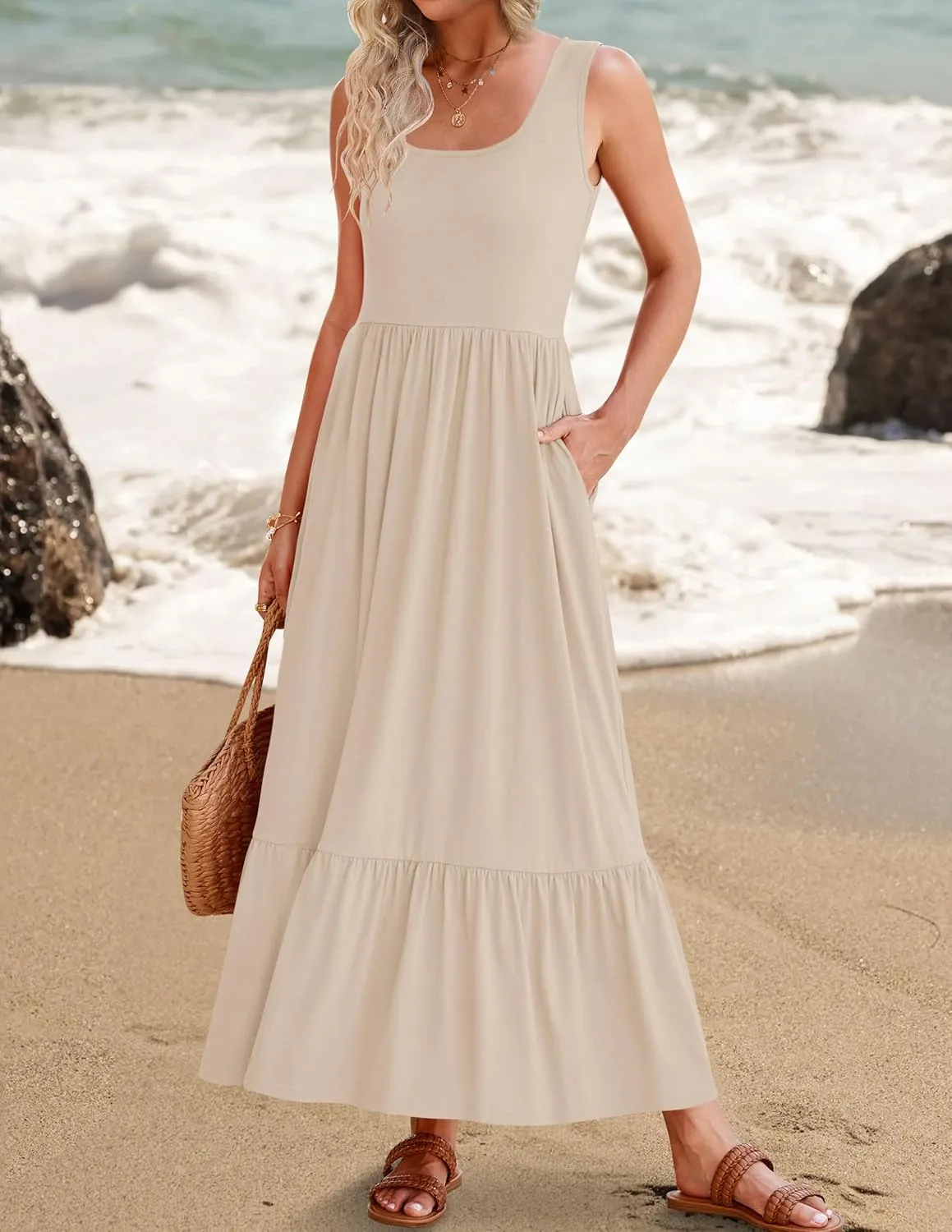 ZESICA Women's 2025 Summer Sleeveless Dress Square Neck Pleated Swing Casual Maxi Dresses with Pockets