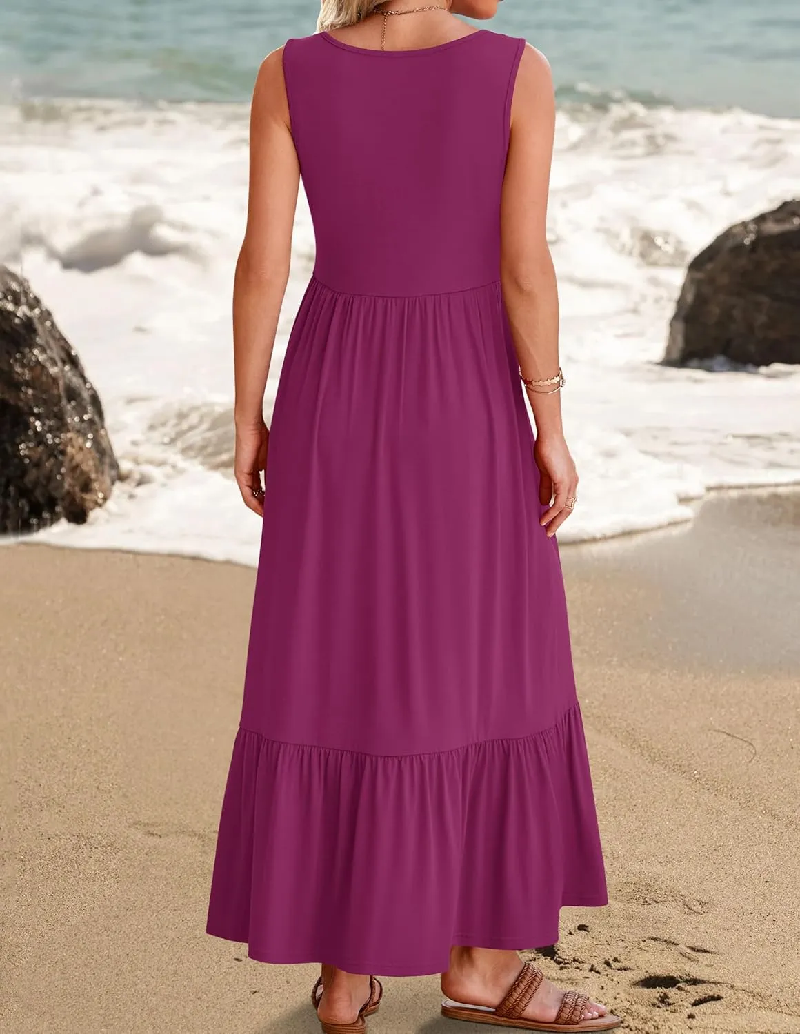 ZESICA Women's 2025 Summer Sleeveless Dress Square Neck Pleated Swing Casual Maxi Dresses with Pockets