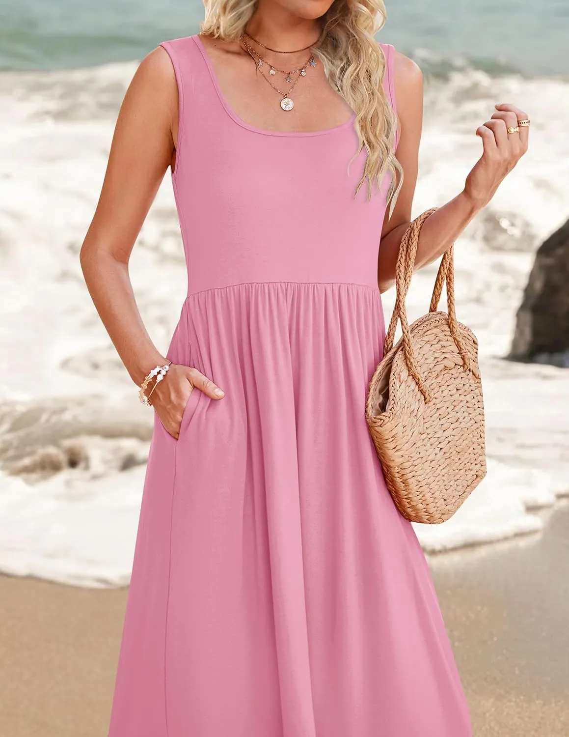 ZESICA Women's 2025 Summer Sleeveless Dress Square Neck Pleated Swing Casual Maxi Dresses with Pockets