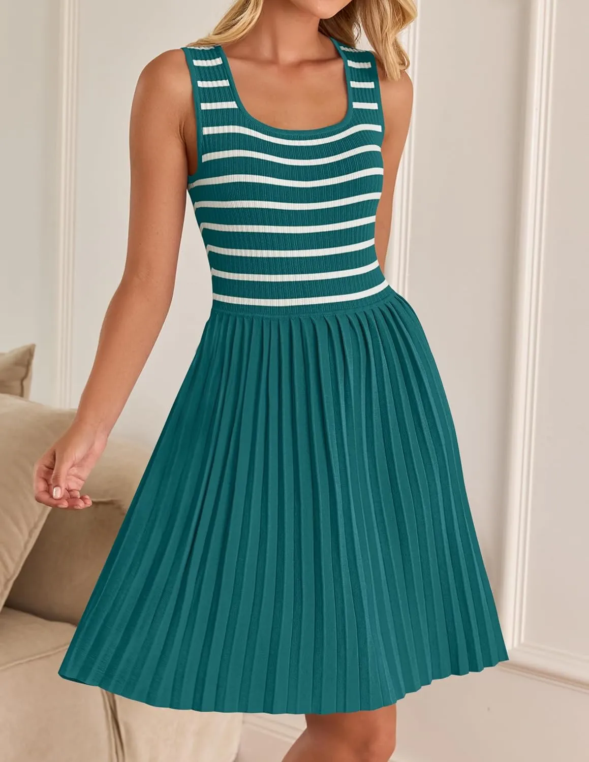 ZESICA Women's Summer Sleeveless Mini Dress 2025 Square Neck Striped Knit A Line Pleated Tank Dresses