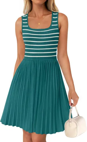 ZESICA Women's Summer Sleeveless Mini Dress 2025 Square Neck Striped Knit A Line Pleated Tank Dresses