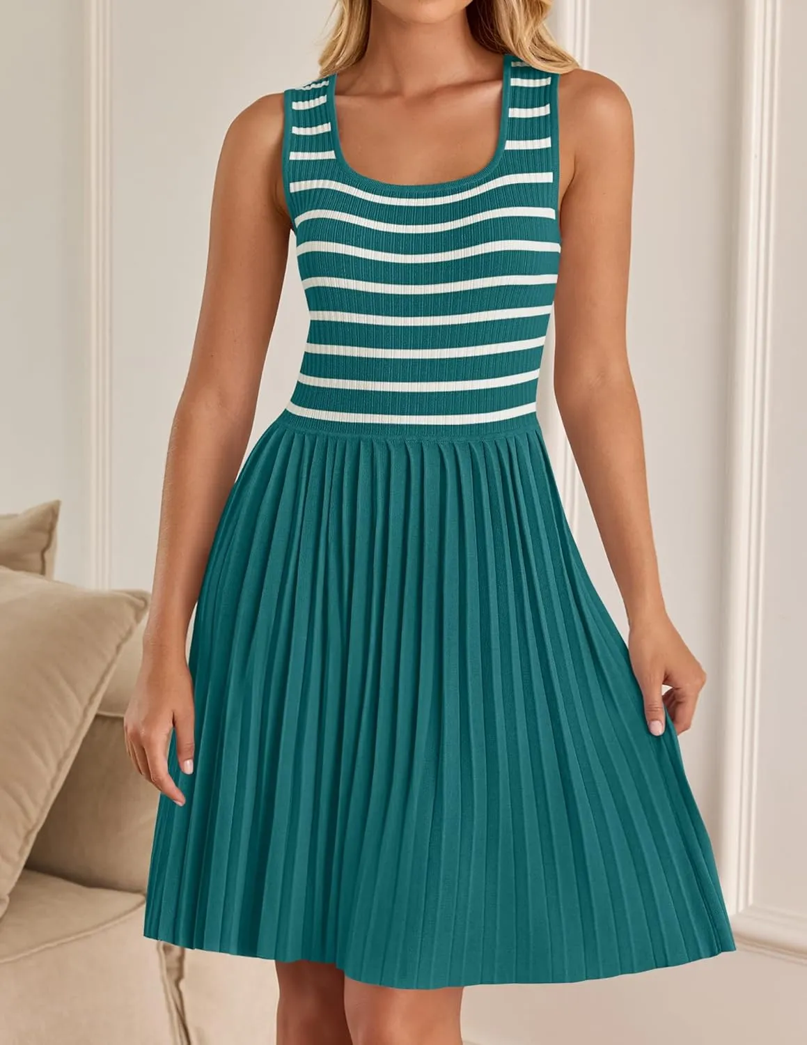 ZESICA Women's Summer Sleeveless Mini Dress 2025 Square Neck Striped Knit A Line Pleated Tank Dresses