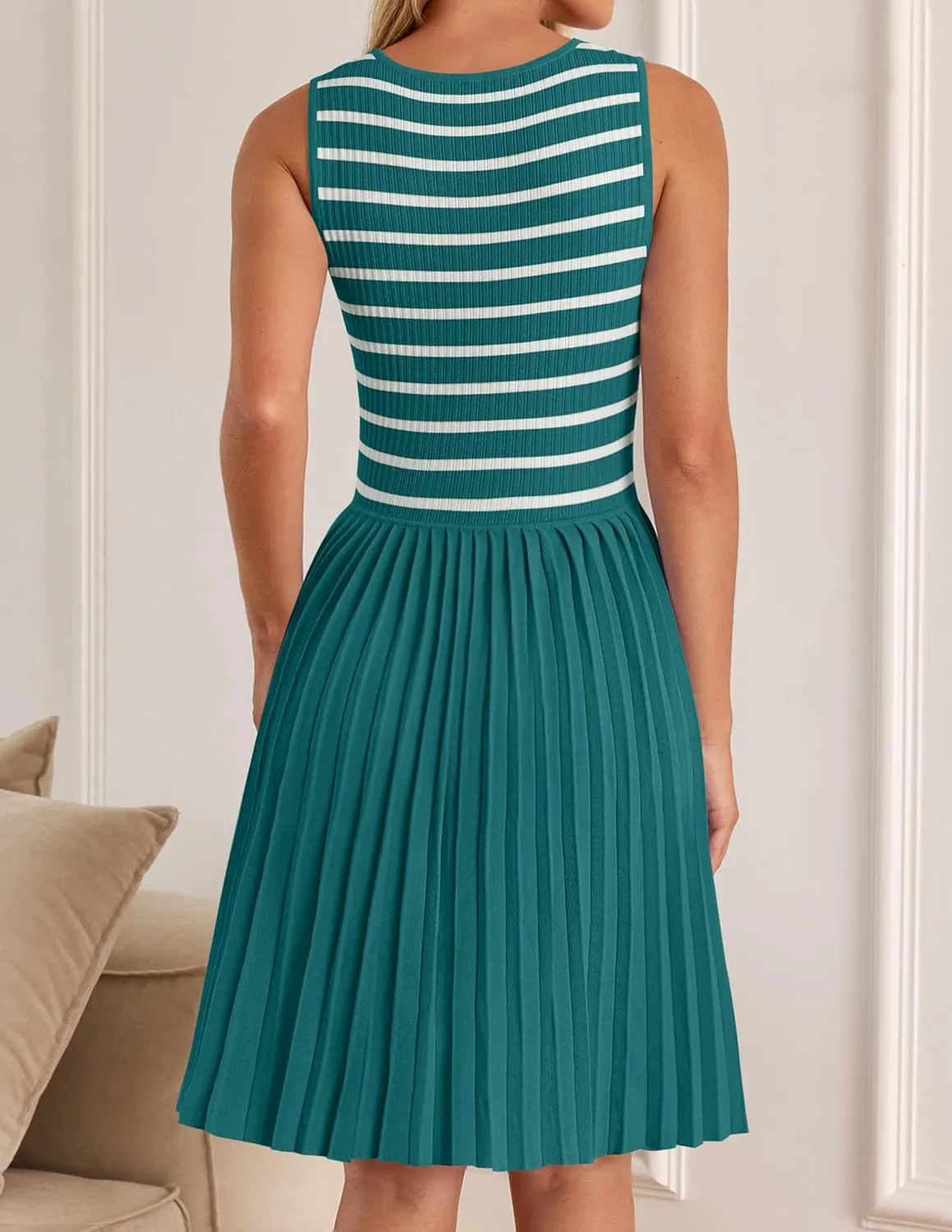 ZESICA Women's Summer Sleeveless Mini Dress 2025 Square Neck Striped Knit A Line Pleated Tank Dresses